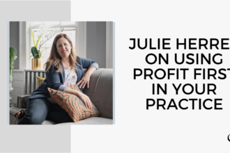 A photo of Julie Herres is captured. She is an accountant and the owner of GreenOak Accounting. Julie is featured on the Faith in Practice podcast.